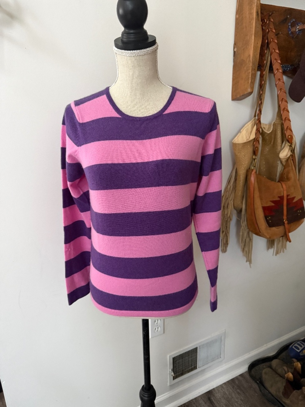NEW SCOTLAND Purple Pink Striped Cashmere Sweater L